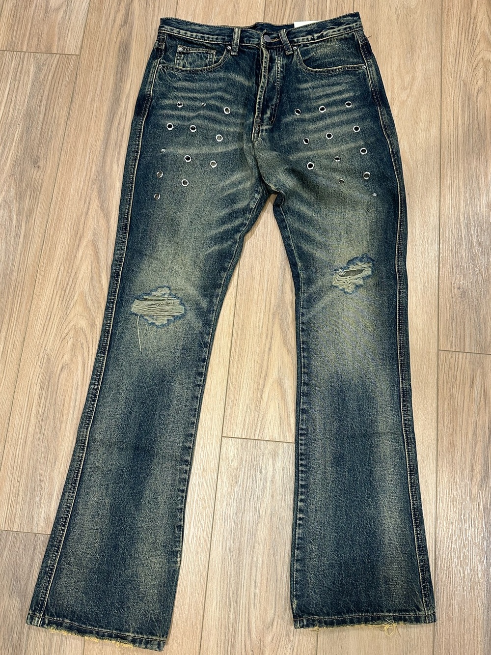 MNML Distressed Blue Flare Jeans with Eyelet Accents